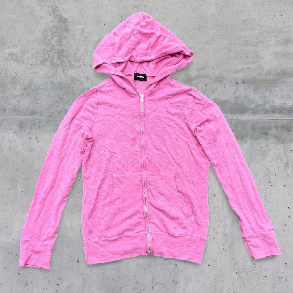 Monrow stretch terry hoodie in hearhered bubblegum pink
